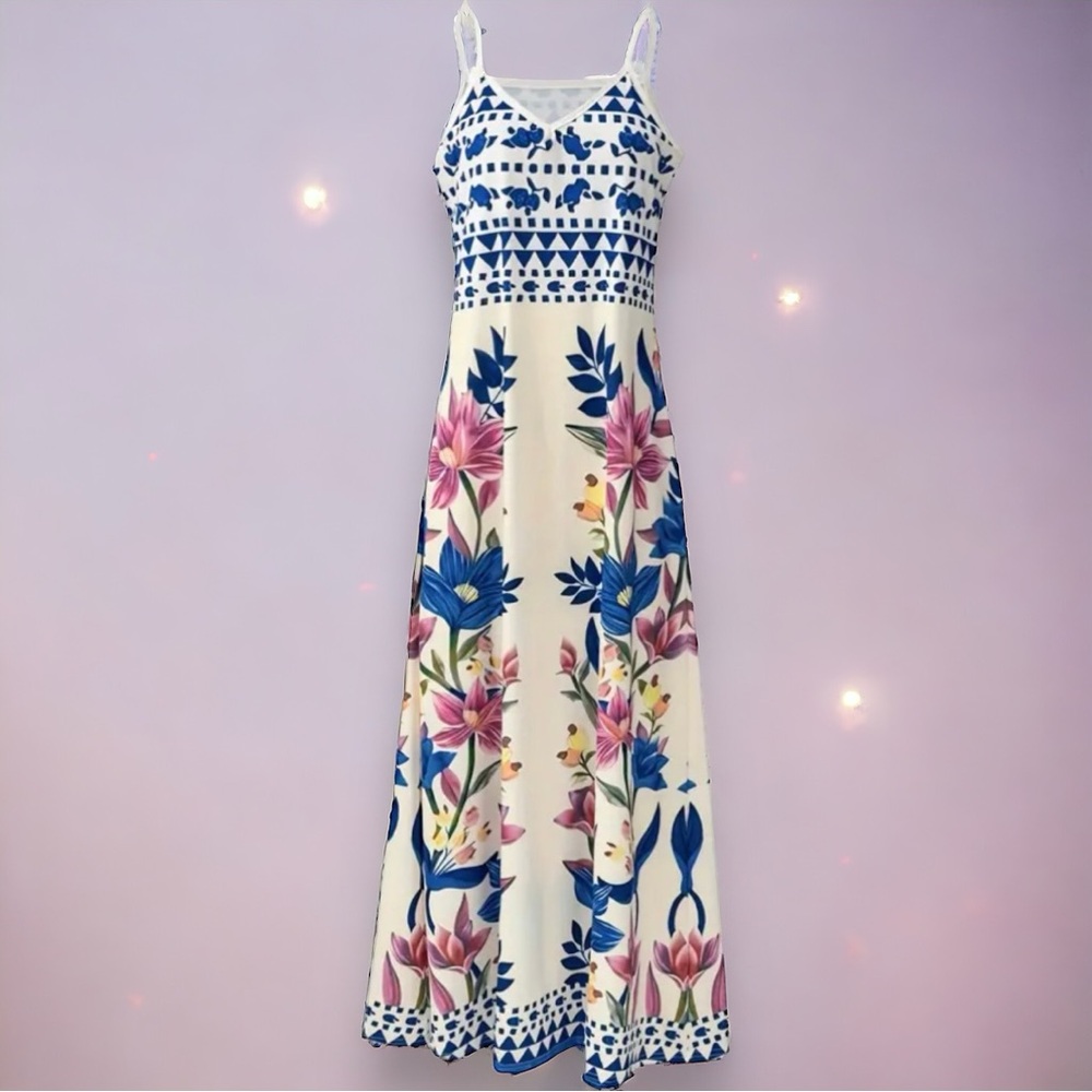 Floral Maxi Dress with Blue and Pink Accents